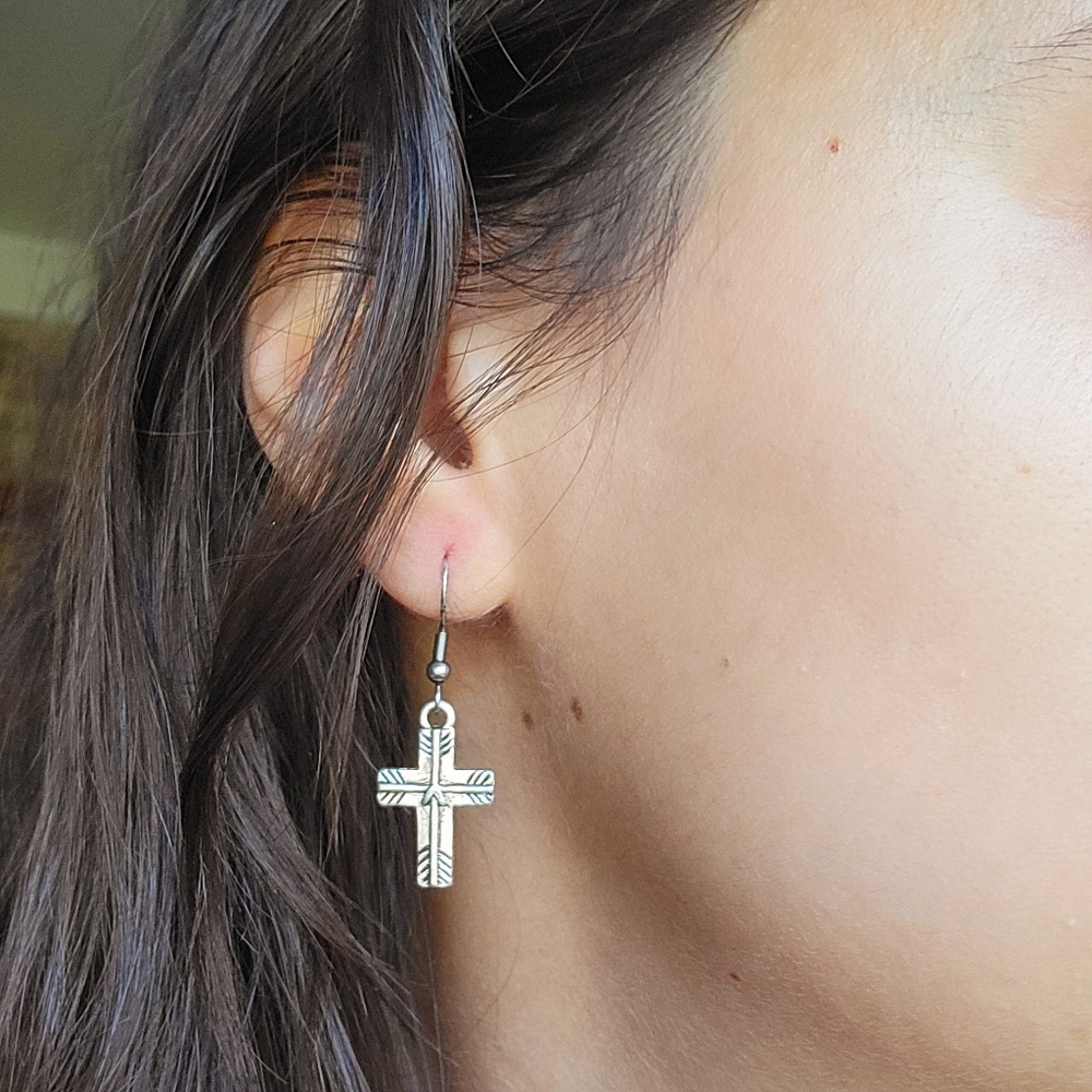 New Dainty Silver Cross Arrow Dangle Drop Earrings